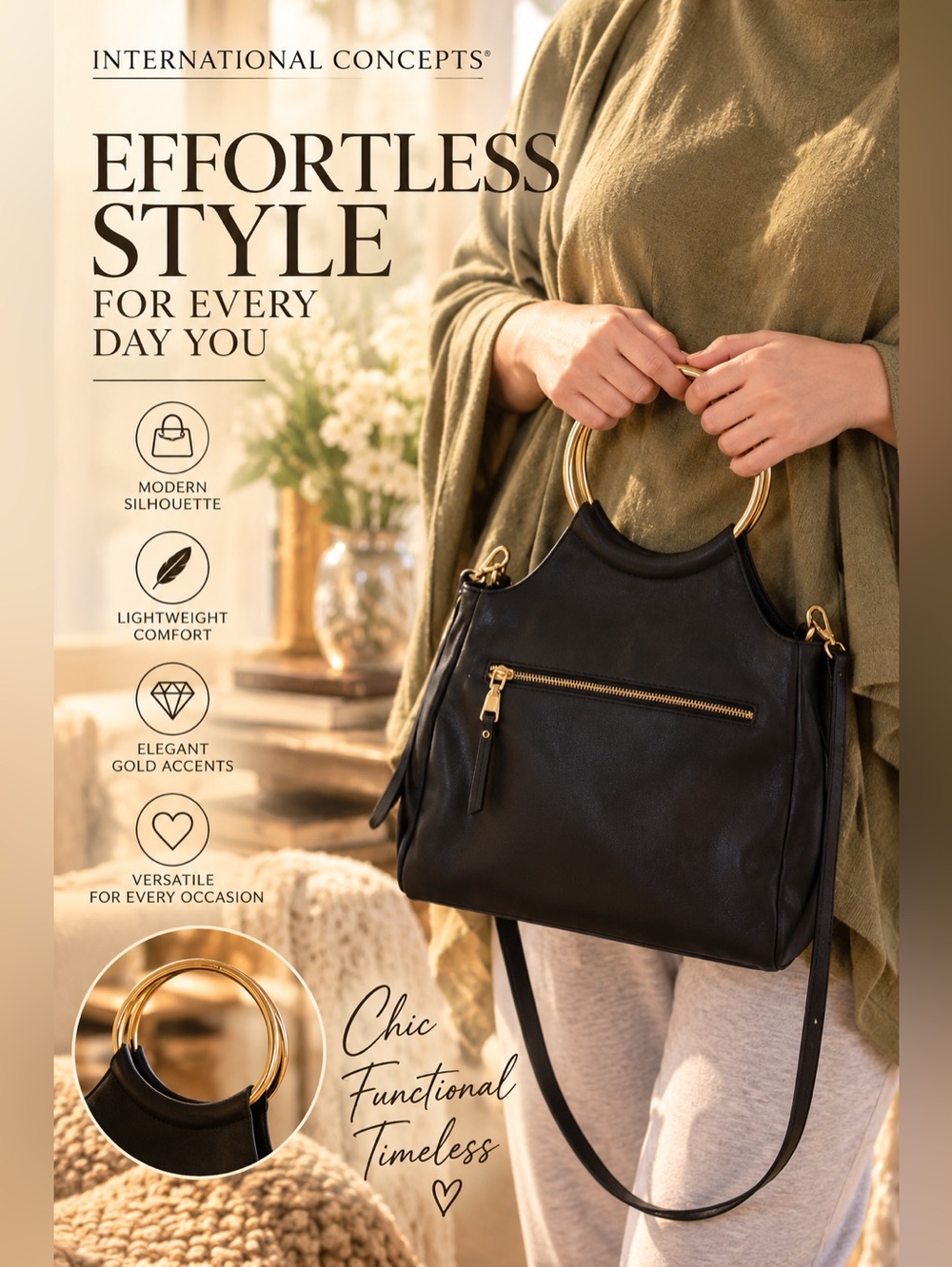 INC International Concepts Black Shoulder Bag with Gold Ring Handles